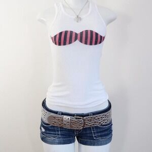 2010s mustache graphic ribbed tank white striped baby tee size XS